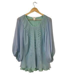 Sundance Blue and Green Silk Puff Sleeve Blouse Size Petite Large
